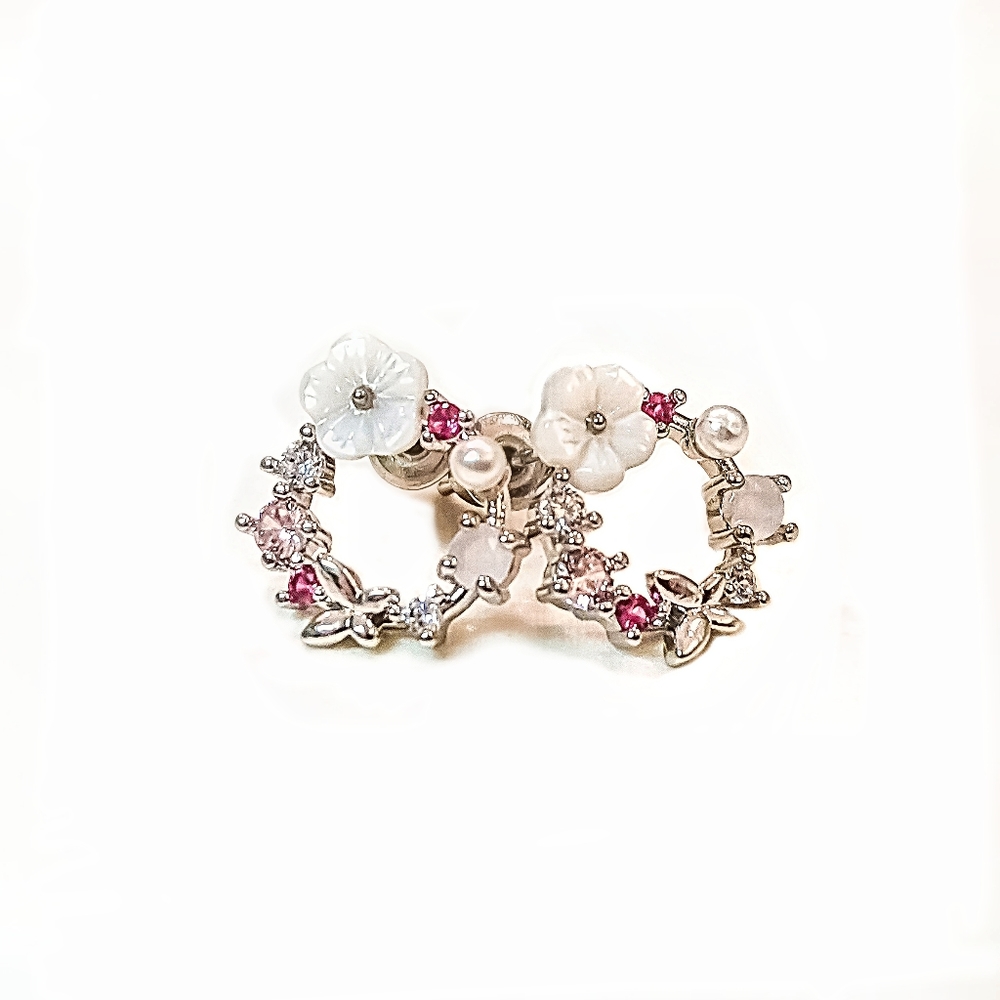 14k Gold or 925 Sterling Silver Hibiscus Pearl & Rose Quartz Butterfly Earrings - Picture 2 of 9